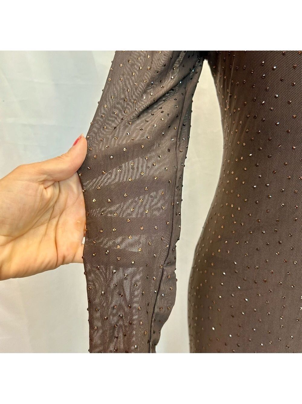 AFRM Los Angeles dark brown Shailene crystal Rhinestone embellished mesh Dress L - Picture 8 of 15